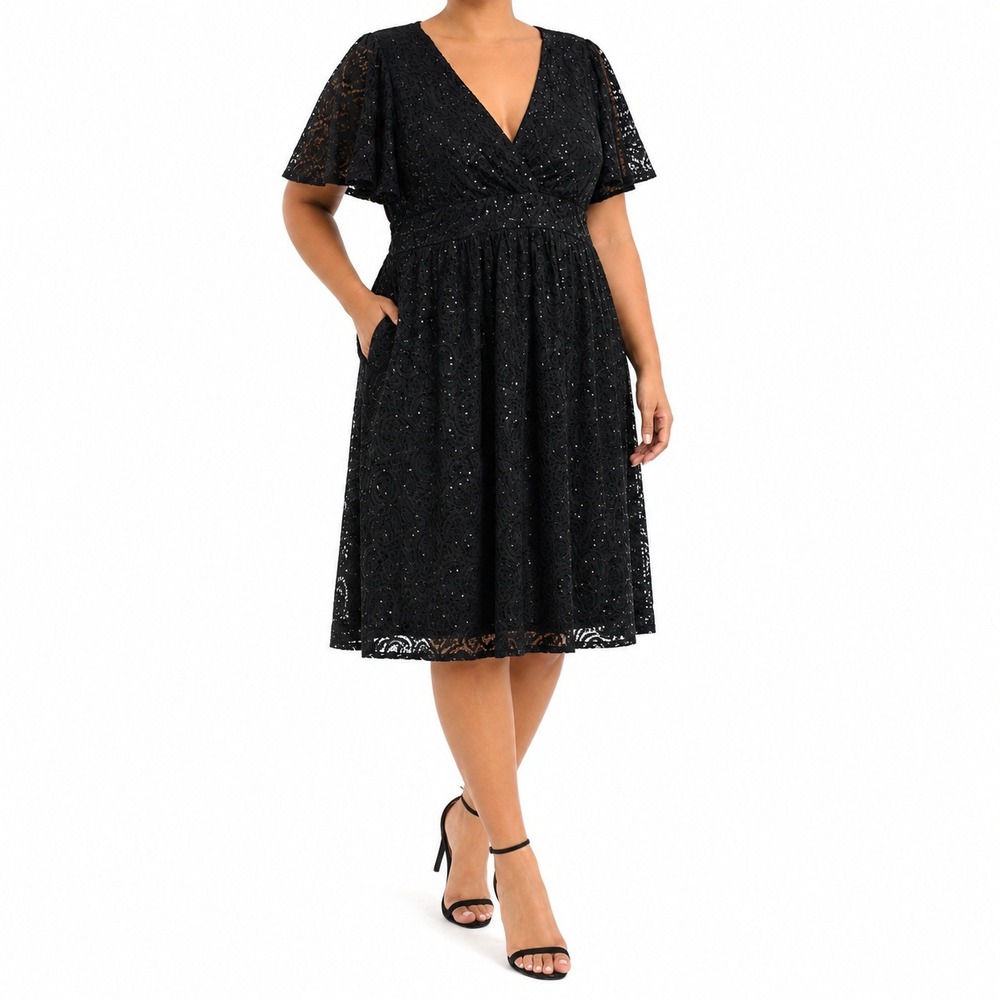 Kiyonna Starry Sequin Lace Cocktail Dress 2X Black Flutter Sleeve Fit Flare USA